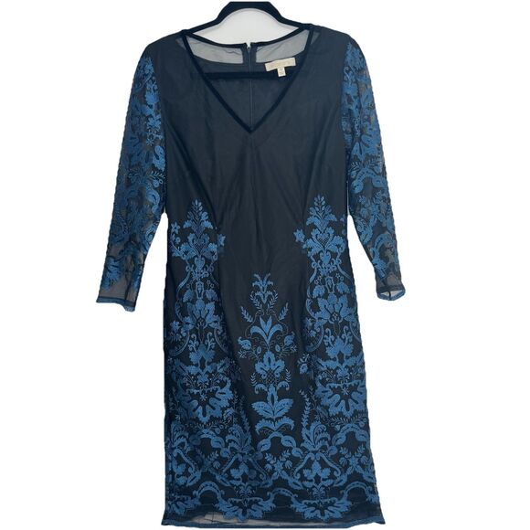 NWT Etcetera Dress Blue Floral Lace Appliqué Embroidered Sz 8 $498 Midi Sheath - Picture 1 of 11